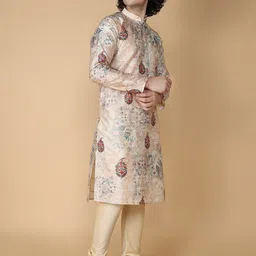 NAMASKAR Men Gold-Toned Printed Regular Pure Silk Kurta with Churidar-image-73