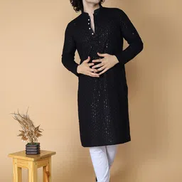 NAMASKAR Men Regular Sequinned Chikankari Kurta with Churidar-image-91