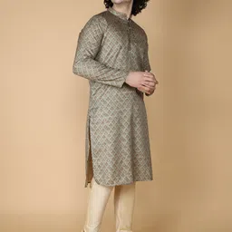NAMASKAR Men Green Ethnic Motifs Printed Regular Pure Silk Kurta with Churidar-image-84