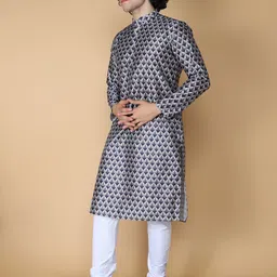 NAMASKAR Men Navy Blue Printed Regular Pure Silk Kurta with Churidar-image-45