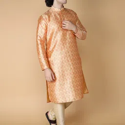 NAMASKAR Men Orange Printed Regular Pure Silk Kurta with Churidar-image-57