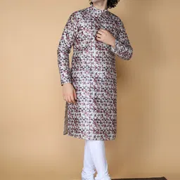 NAMASKAR Men Off White Printed Regular Pure Silk Kurta with Churidar-image-88