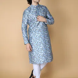 NAMASKAR Men Blue Printed Regular Pure Silk Kurta with Churidar-image-28