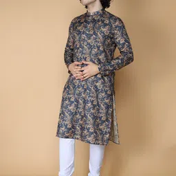 NAMASKAR Men Navy Blue Printed Regular Pure Silk Kurta with Churidar-picture-38