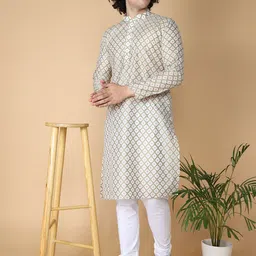 NAMASKAR Men White Floral Regular Pure Cotton Kurta with Churidar-picture-15