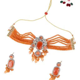 ODETTE Women Artificial Stones and Beads Studded Choker Necklace Set-image-5