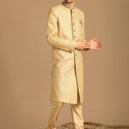 Manyavar Men Self design Mandarin Collar Sherwani Set-picture-32