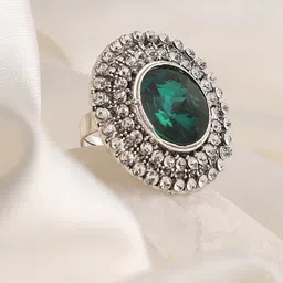 SOHI Silver-Plated White &Green Stone-Studded Adjustable Finger Rings image 1