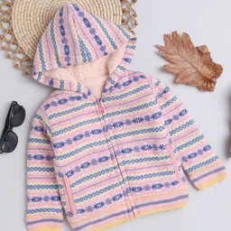 Yellow Apple Girls Ethnic Motifs Printed Hooded Woollen Front-Open Sweater-picture-21
