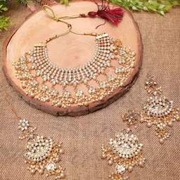 Ethnicking Gold Plated Kundan Stone Studded & Beaded Necklace and Earrings With Maang Tika-image-0