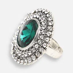 SOHI Silver-Plated White &Green Stone-Studded Adjustable Finger Rings image 2