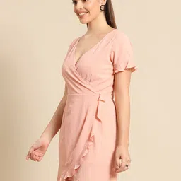 DODO & MOA Peach-Coloured Solid Crepe Mini Wrap Dress image 3