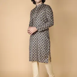 NAMASKAR Men Black Printed Regular Pure Silk Kurta with Churidar image 2