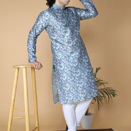 NAMASKAR Men Blue Printed Regular Pure Silk Kurta with Churidar image 5