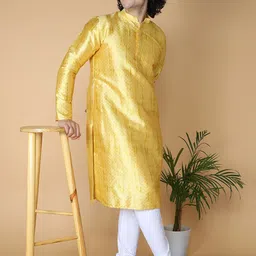 NAMASKAR Men Yellow Regular Pure Silk Kurta with Churidar image 2