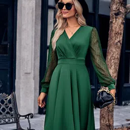 StyleCast Green Self Design Cuffed Sleeves Fit & Flare Dress-picture-25
