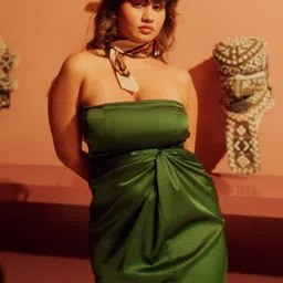 FREAKINS Olive Green Strapless Sleeveless Knot Satin Sheath Dress image 5