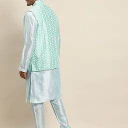 SOJANYA Men Blue Ethnic Motifs Thread Work Kurta Set & Jacket image 2