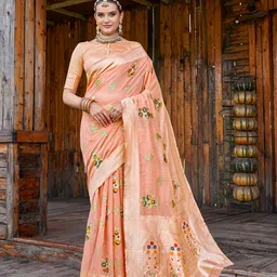 anouk rustic Anouk Peach Coloured & Green Floral Zari Pure Linen Saree image 1