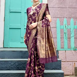 anouk rustic Anouk Magenta & Gold Toned Woven Design Floral Zari Pure Linen Saree image 2