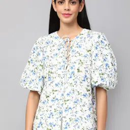 Amagyaa Floral Printed Puffed Sleeves Tie Up Neck Pure Cotton Top-picture-42