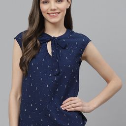 Mast & Harbour Navy Blue & White Tie-Up Neck Regular Top-picture-13