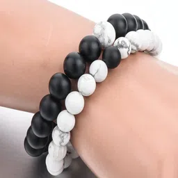 Shining Diva Fashion Men Set of 2 White  Black Reiki Yoga Healing Onyx and Howlite Bracelet image 4