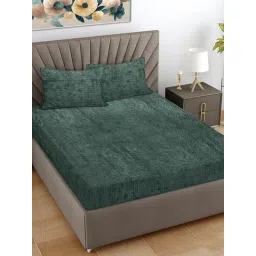 FABINALIV Sunny Green Geometric King Size Woollen Fitted Double Bedsheet With 2 Pillow Covers image 1