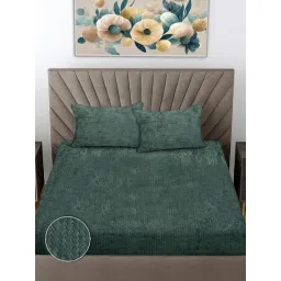 FABINALIV Sunny Green Geometric King Size Woollen Fitted Double Bedsheet With 2 Pillow Covers image 2
