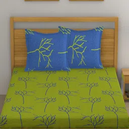 Huesland Green & Blue Floral 144 TC Cotton Double King Bedsheet with 2 Pillow Covers image 2