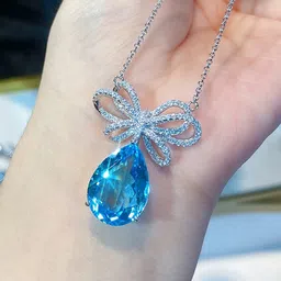 Designs & You Silver-Plated AD-Studded & Ice Cut Blue Teardrop Shape Pendant With Chain image 3