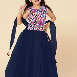 a.t.u.n. A T U N Girls Navy Blue & White Embroidered Ready to Wear Lehenga & Blouse With Dupatta image 1