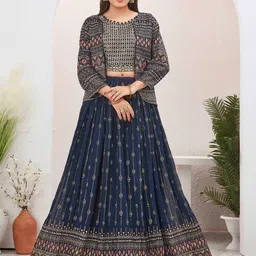 Chandbaali Embroidered Sequinned Foil Printed Ready To Wear Lehenga & Choli With Jacket-image-14