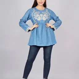 SUMAVI-FASHION Floral Embroidered Cinched Waist Denim Top-image-46