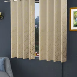 Aura Cream & Gold Toned 2 Pieces Printed Velvet Room Darkening Window Curtains image 1