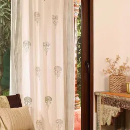 peepul tree Jaipuri Hand Block Printed Pure Cotton Teal, Green & Taupe 1Pc(7ft) Door Semi Sheer Curtains-picture-18