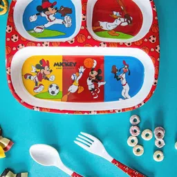 servewell Pack of 3 Melamin Rectangle Kids Set (Plate, Fork & Spoon) Mickey Dinner Set image 1