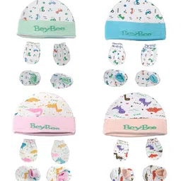 BeyBee Infants Pack Of 4 Printed Organic Cotton Mittens With Cap & Booties-picture-26