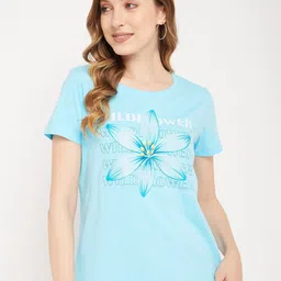 Mast & Harbour Blue Floral Printed Pure Cotton T-shirt-picture-20