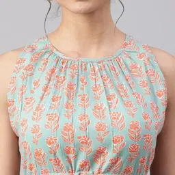 devdham Women Fit and Flare Light Blue, White, Orange Midi/Calf Length Dress image 4