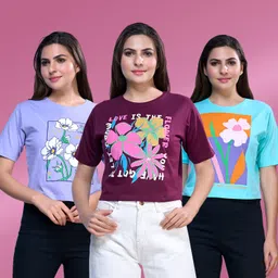 zuniors-ssc Pack of 3 Women Graphic Print Round Neck Pure Cotton Multicolor T-Shirt-picture-16