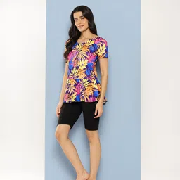 Aarika Womens Yellow-Black Colour Floral Print Nylon Swim Suit With Goggles Floral Print Women Swim-dress Yellow Swimsuit image 4