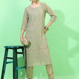 Vishudh Women Olive Green & Red Geometric Printed Georgette Kurta-picture-21