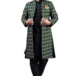 xepon Stylish Ethnic Wear Stand Collar Full Sleeve Black Kurta Pajama with Long Jacket Set image 1