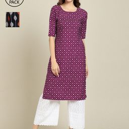 7threads KALINI Women Pack Of 2 Navy Blue & Purple Ethnic Motifs Printed Crepe Kurta-picture-35
