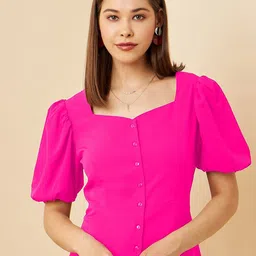 RARE Pink Puff Sleeve Square Neck Crepe Top-picture-32