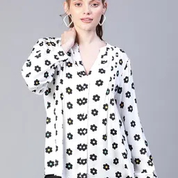 Oxolloxo Floral Printed Mandarin Collar Long Sleeve Pleated A-Line Top-picture-17