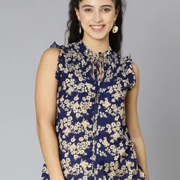 Oxolloxo Women Blue & Beige Floral Print Tie-Up Neck Crepe Top-image-14