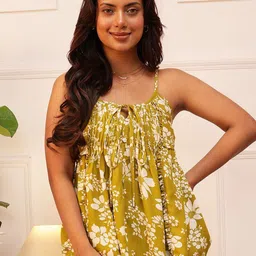 QUIERO Women Floral Printed Shoulder Straps Pleated A-Line Top image 2