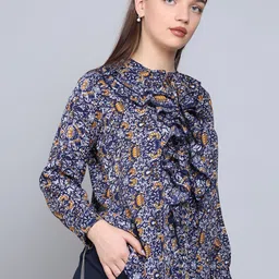 Baawri Abstract Print Mandarin Collar Long Puff Sleeve Ruffles Top image 2